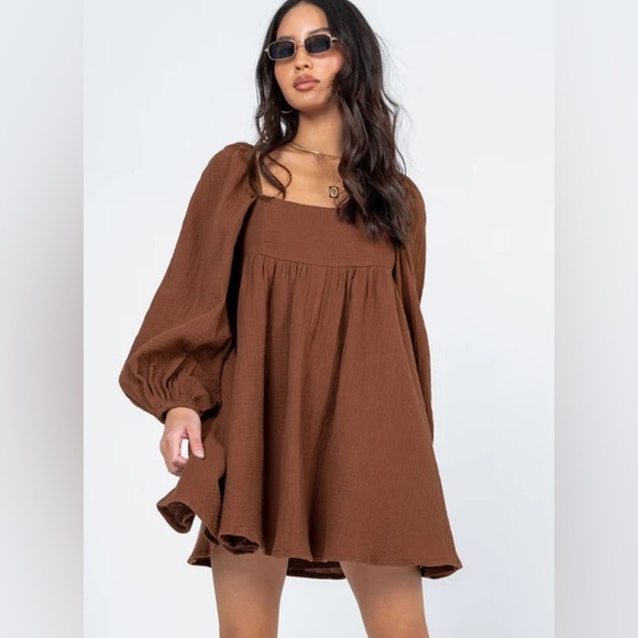 Brown Ruffled Maxi Dress 100% cotton gauze waffle earthy tone - Picture 2 of 15